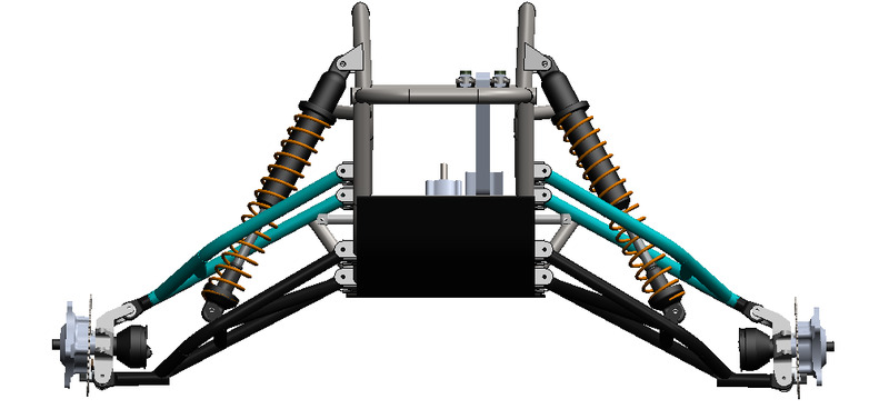 SolidWorks front view of the Baja SAE front suspension with both A-arm pairs, coilovers and uprights