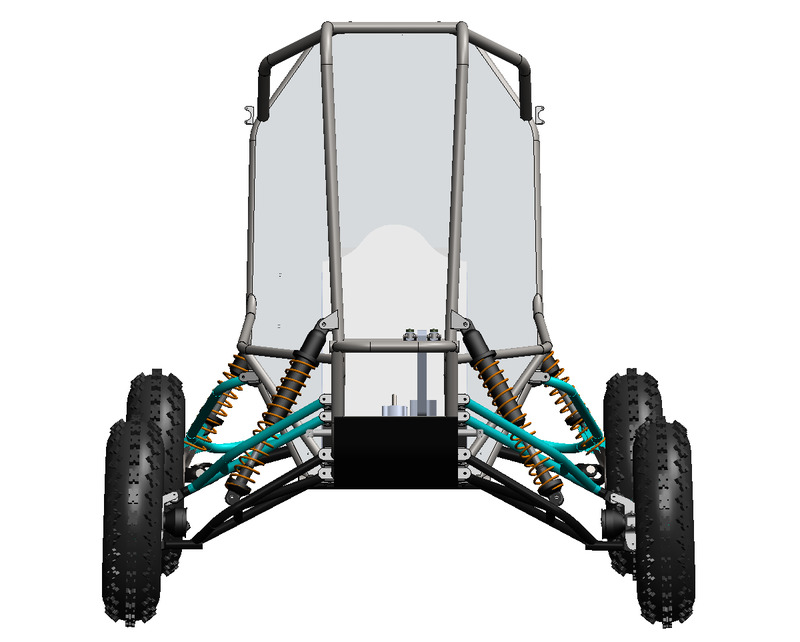 SolidWorks full-vehicle assembly of the Baja SAE car seen from the front, with wheels, A-arms and coilovers