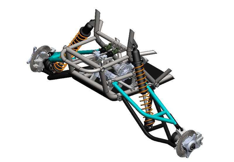 SolidWorks isometric view of the Baja SAE chassis with front and rear suspension, coilovers, hubs and rotors, wheels hidden