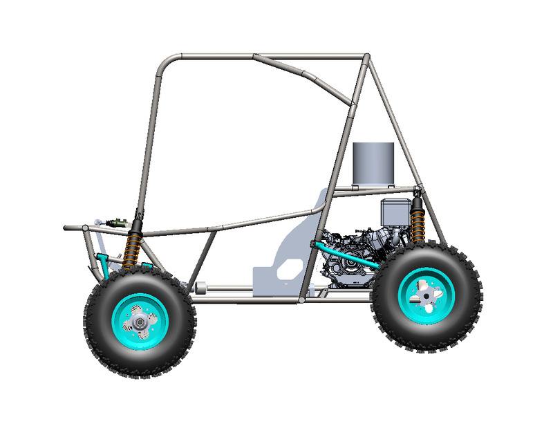 SolidWorks full-vehicle assembly of the Baja SAE car from the side: roll cage, suspension with orange coilovers, engine and drivetrain, wheels