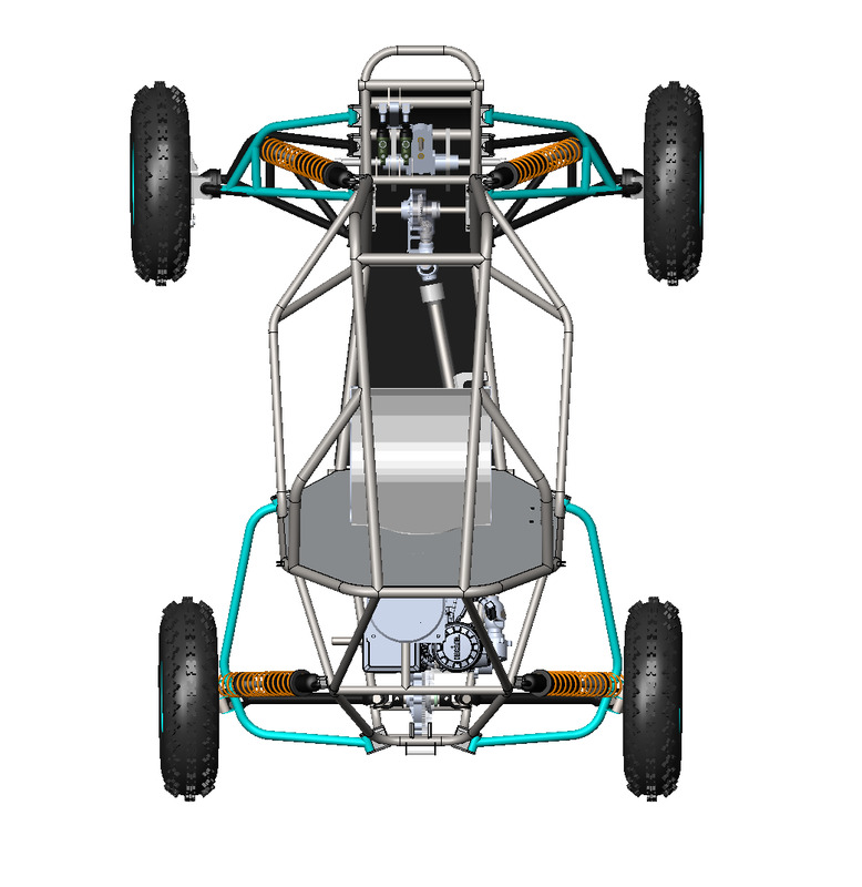 SolidWorks full-vehicle assembly of the Baja SAE car seen from above, showing front and rear suspension, frame and drivetrain