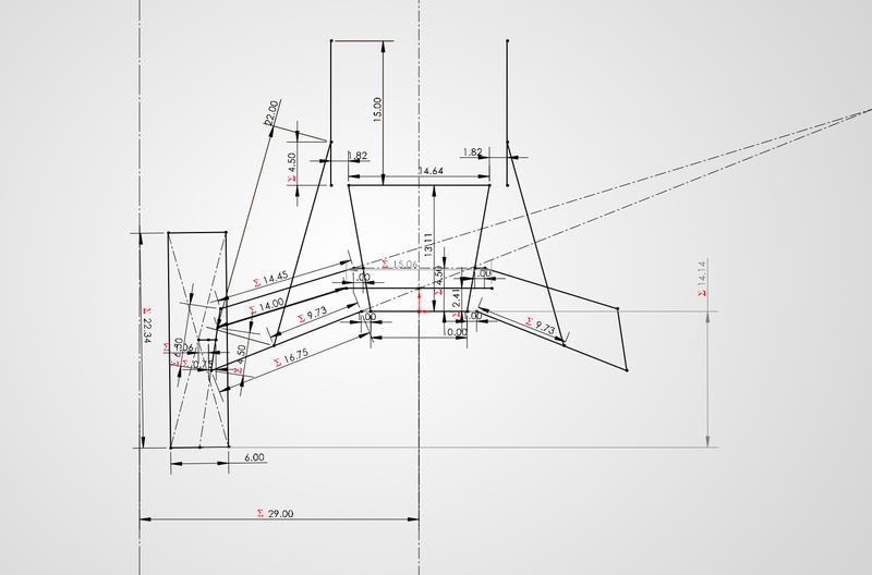 Dimensioned 2D SolidWorks half-car suspension kinematics sketch