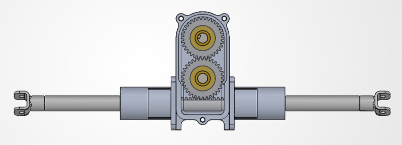 SolidWorks front view of the steering rack with a transparent housing showing the two-gear train, the rack tubes and clevis tie-rod ends at both sides