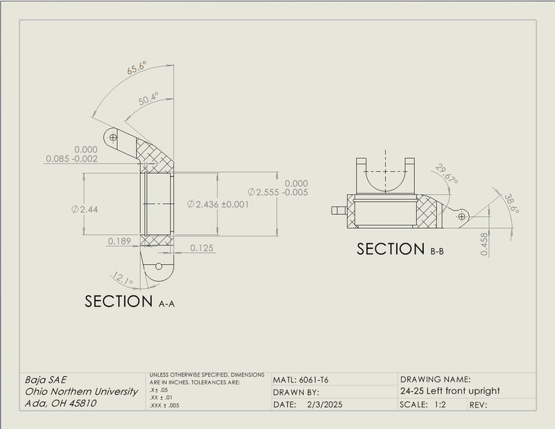 SolidWorks drawing of the 2024–25 left front upright for Baja SAE, Ohio Northern University, with section views A-A and B-B, material 6061-T6, scale 1:2