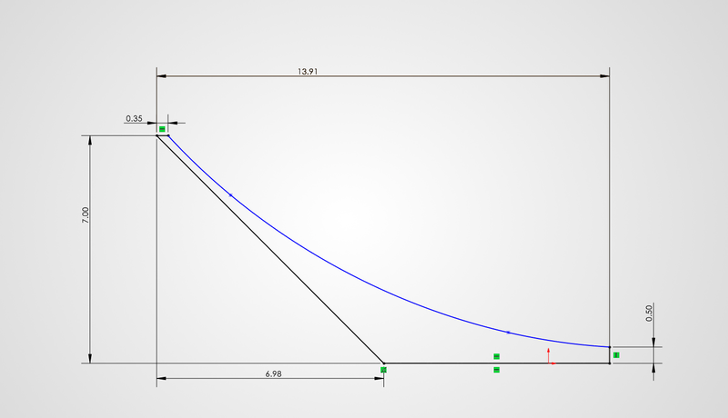 Dimensioned SolidWorks sketch of the duckbill side profile drawn as a spline