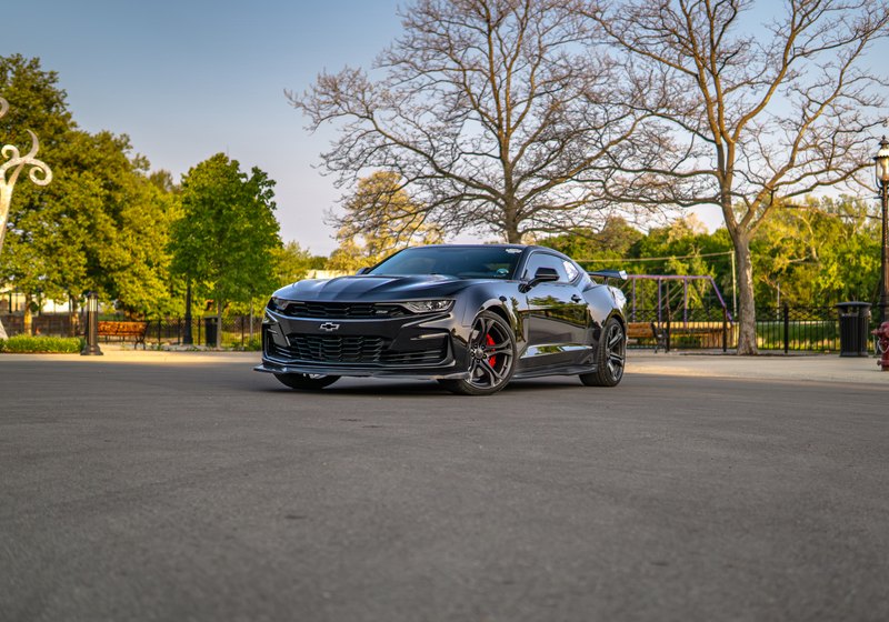 Black Camaro, front three-quarter view, framed by bare trees in a plaza at golden hour